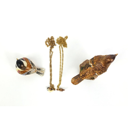 2371 - Two enamelled and jewelled bird trinkets, together with two enamelled bird pendants, each on a gold ... 