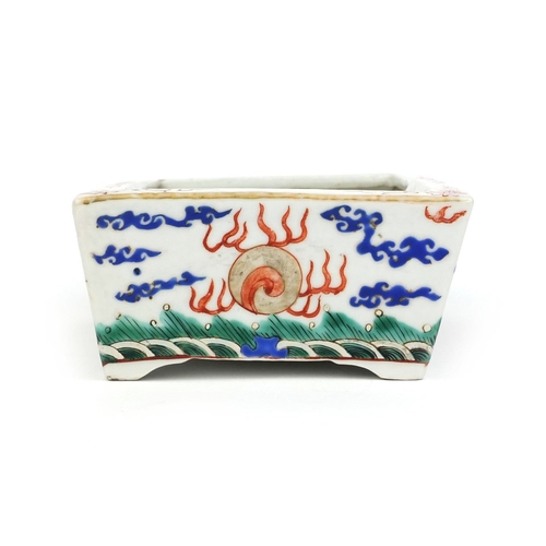 359 - Chinese rectangular porcelain planter, hand painted with dragons chasing the flaming pearl, six figu... 