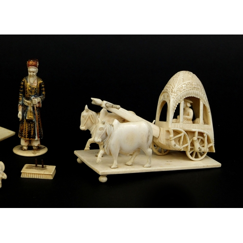 527 - Group of Indian ivory including a painted figure of a robed gentleman, rectangular box with slide li... 