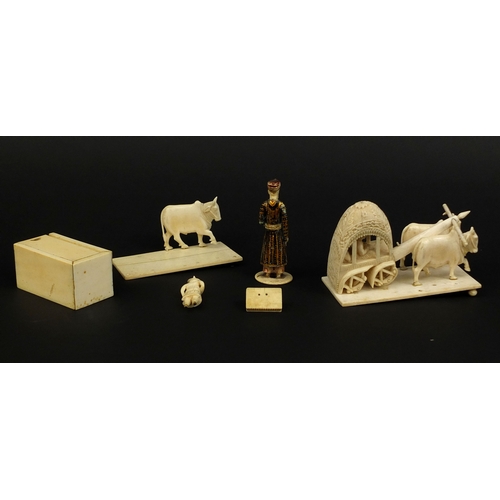 527 - Group of Indian ivory including a painted figure of a robed gentleman, rectangular box with slide li... 