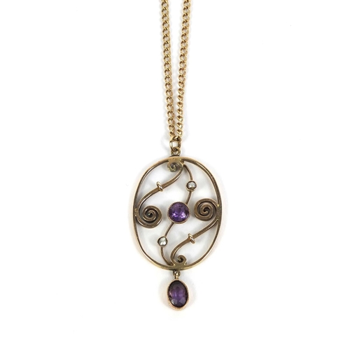 804 - Art Nouveau 9ct gold amethyst and seed pearl pendant on a 9ct gold necklace, the pendant 4cm long, a... 