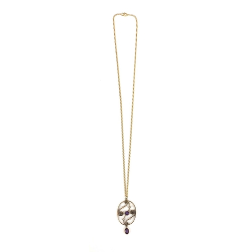 804 - Art Nouveau 9ct gold amethyst and seed pearl pendant on a 9ct gold necklace, the pendant 4cm long, a... 