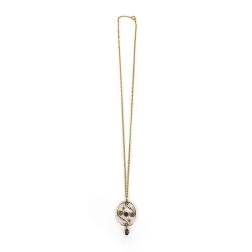 804 - Art Nouveau 9ct gold amethyst and seed pearl pendant on a 9ct gold necklace, the pendant 4cm long, a... 