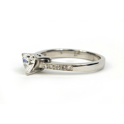 761 - 18ct white gold heart shaped diamond solitaire ring with diamond shoulders, size O, approximate weig... 