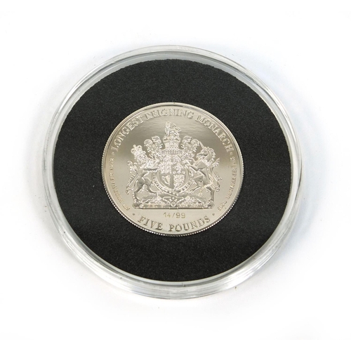 2406 - Boxed silver proof piedfort five pound coin commemorating Queen Elizabeth II being the longest-Reign... 