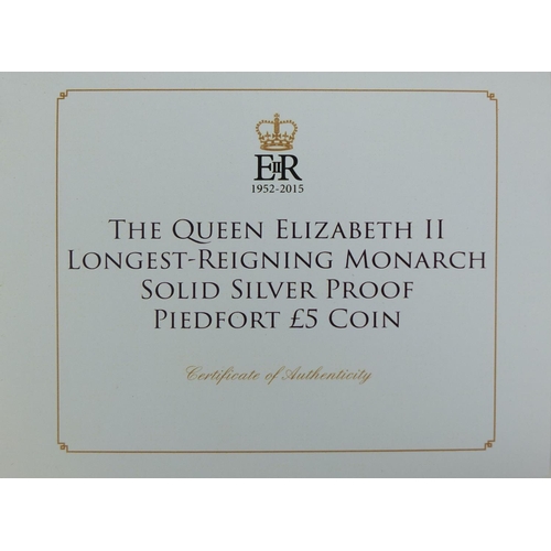 2406 - Boxed silver proof piedfort five pound coin commemorating Queen Elizabeth II being the longest-Reign... 