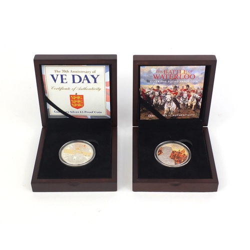 2408 - Two boxed silver proof five pound coins comprising the seventieth Anniversary of VE Day, limited edi... 