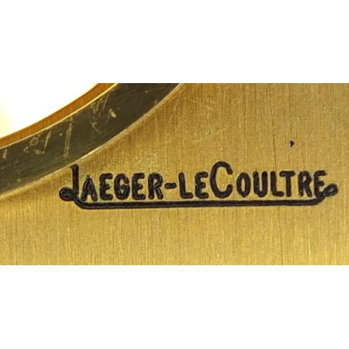 878 - Vintage Jaeger LeCoultre gilt metal travelling alarm strut clock, with original leather pouch, No.98... 