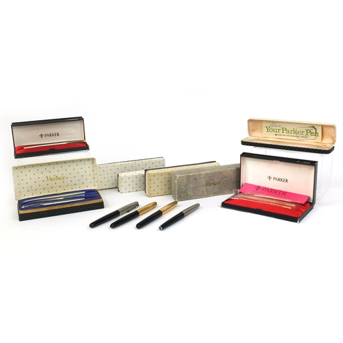 73 - Collection of boxed vintage Parker fountain pen sets including 14ct rolled gold examples and Parker ... 