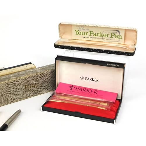 73 - Collection of boxed vintage Parker fountain pen sets including 14ct rolled gold examples and Parker ... 