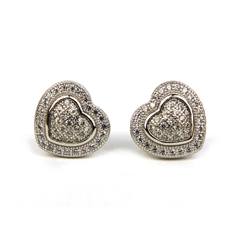 2630 - Pair of silver and cubic zirconia love heart earrings, 1cm long, approximate weight 2.8g