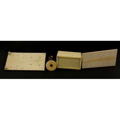 527 - Group of Indian ivory including a painted figure of a robed gentleman, rectangular box with slide li... 