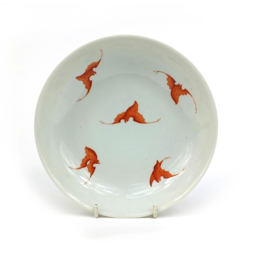 360 - Chinese porcelain shallow dish, hand painted in iron red with bats, the underside with fish amongst ... 