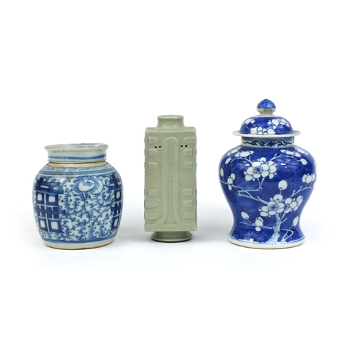 415 - Group of Chinese ceramics, including a celadon glazed Cong vase and a blue and white Prunus pattern ... 