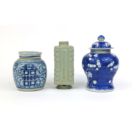 415 - Group of Chinese ceramics, including a celadon glazed Cong vase and a blue and white Prunus pattern ... 