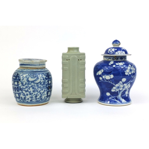 415 - Group of Chinese ceramics, including a celadon glazed Cong vase and a blue and white Prunus pattern ... 