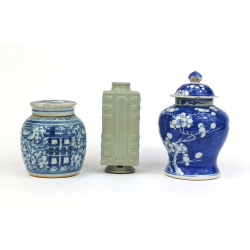 415 - Group of Chinese ceramics, including a celadon glazed Cong vase and a blue and white Prunus pattern ... 