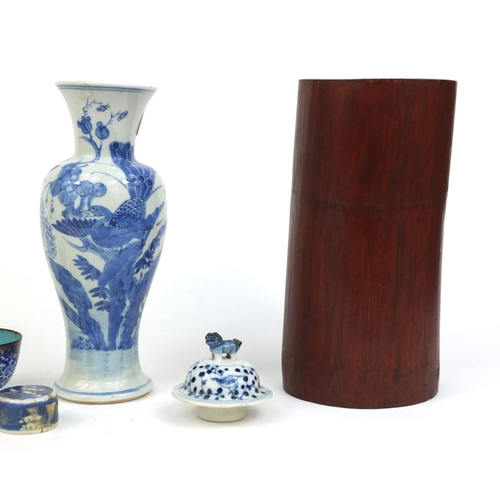 411 - Group of Chinese ceramics and wooden ware including a blue and white porcelain vase, hand painted wi... 