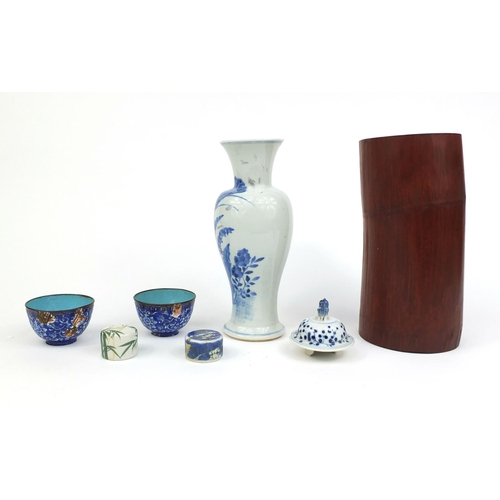 411 - Group of Chinese ceramics and wooden ware including a blue and white porcelain vase, hand painted wi... 