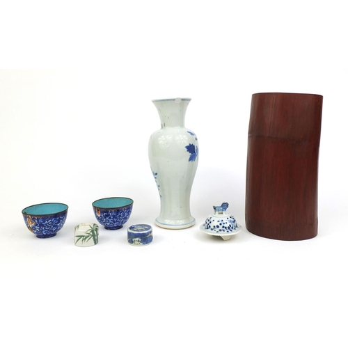 411 - Group of Chinese ceramics and wooden ware including a blue and white porcelain vase, hand painted wi... 