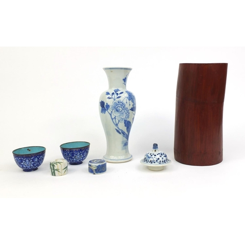 411 - Group of Chinese ceramics and wooden ware including a blue and white porcelain vase, hand painted wi... 