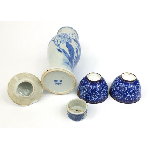 411 - Group of Chinese ceramics and wooden ware including a blue and white porcelain vase, hand painted wi... 