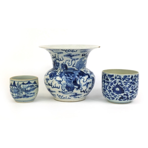 388 - Group of Chinese blue and white porcelain, including a vase with flared rim hand painted with Kylin ... 