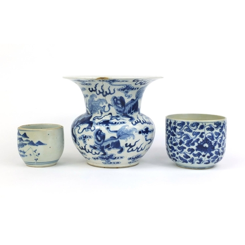 388 - Group of Chinese blue and white porcelain, including a vase with flared rim hand painted with Kylin ... 