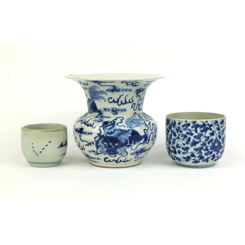 388 - Group of Chinese blue and white porcelain, including a vase with flared rim hand painted with Kylin ... 