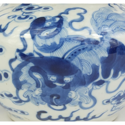 388 - Group of Chinese blue and white porcelain, including a vase with flared rim hand painted with Kylin ... 