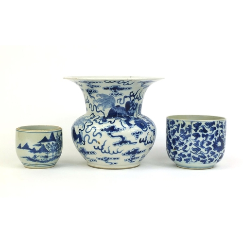 388 - Group of Chinese blue and white porcelain, including a vase with flared rim hand painted with Kylin ... 