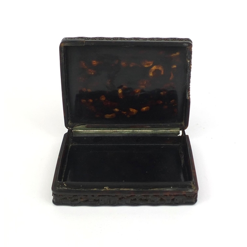 449 - Chinese Cantonese tortoiseshell box with hinged lid, profusely carved with figures on horseback and ... 