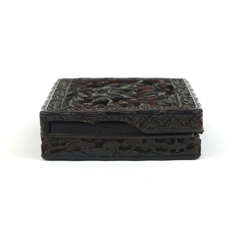 449 - Chinese Cantonese tortoiseshell box with hinged lid, profusely carved with figures on horseback and ... 