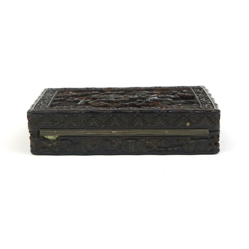 449 - Chinese Cantonese tortoiseshell box with hinged lid, profusely carved with figures on horseback and ... 