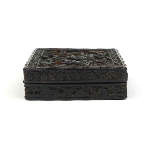 449 - Chinese Cantonese tortoiseshell box with hinged lid, profusely carved with figures on horseback and ... 