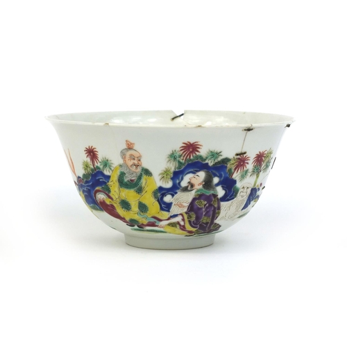 370 - Chinese porcelain bowl hand painted in famille rose palette with figures an insects, four figure cha... 