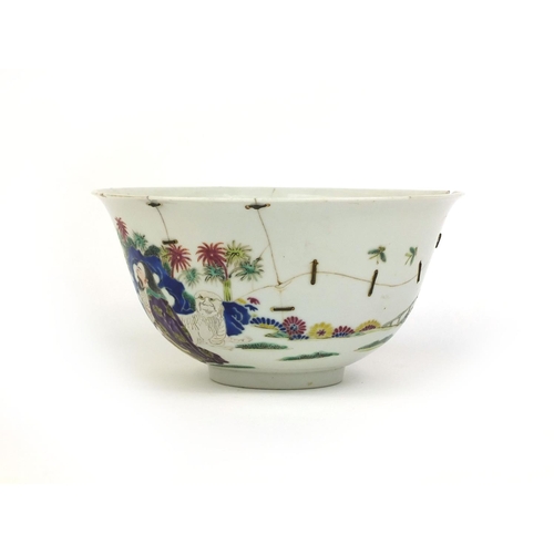 370 - Chinese porcelain bowl hand painted in famille rose palette with figures an insects, four figure cha... 