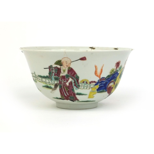 370 - Chinese porcelain bowl hand painted in famille rose palette with figures an insects, four figure cha... 