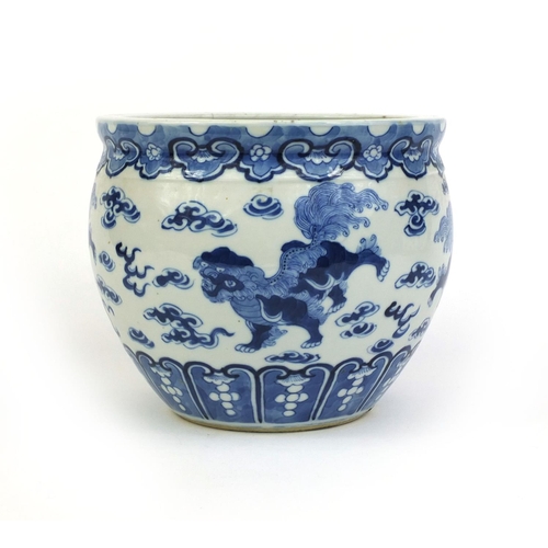 387 - Chinese blue and white porcelain jardinière, hand painted with kylin lions amongst clouds, four figu... 