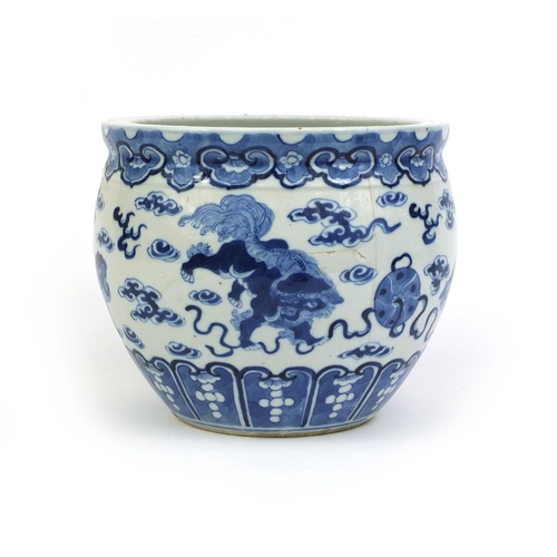 387 - Chinese blue and white porcelain jardinière, hand painted with kylin lions amongst clouds, four figu... 