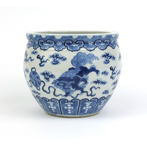 387 - Chinese blue and white porcelain jardinière, hand painted with kylin lions amongst clouds, four figu... 