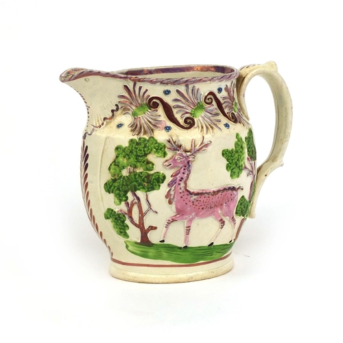 533 - 19th century lustre pottery jug decorated with stag a and doe, 14cm high