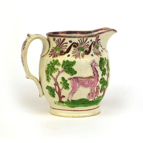 533 - 19th century lustre pottery jug decorated with stag a and doe, 14cm high