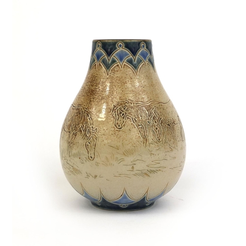 624 - Royal Doulton stoneware vase by Hannah Barlow, incised with a continuous band of donkeys, impressed ... 