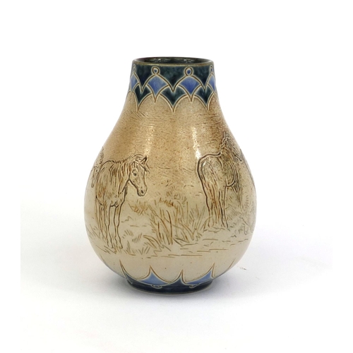 624 - Royal Doulton stoneware vase by Hannah Barlow, incised with a continuous band of donkeys, impressed ... 