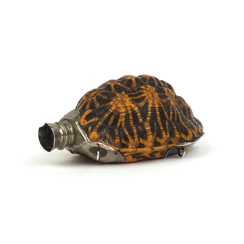 110 - Taxidermy interest antique unmarked silver mounted tortoise powder flask, 12.5cm high
