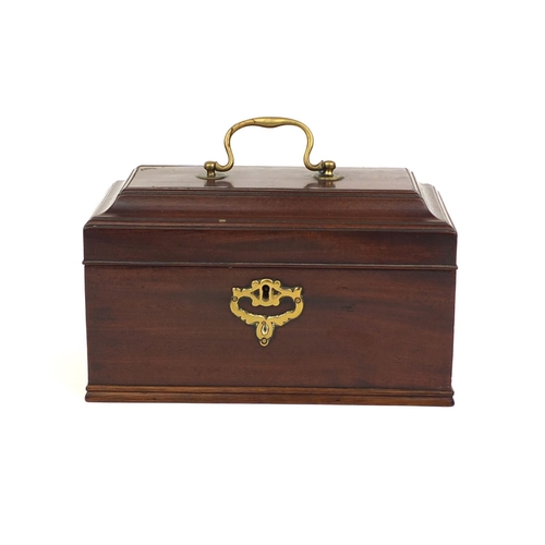 19 - Georgian mahogany three sectional box, with hinged lid and brass fittings, 14cm high x 24.5cm wide x... 