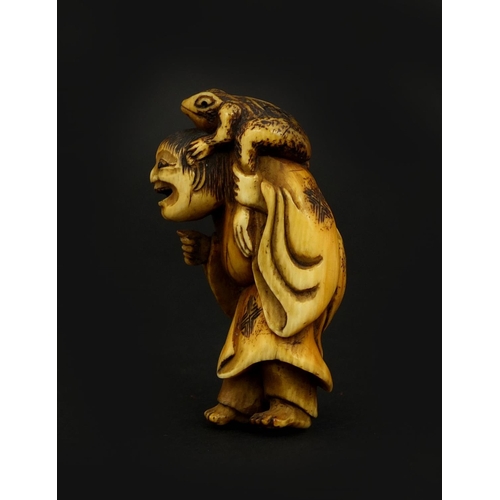 453 - Japanese carved ivory netsuke of a man with a frog on his head, 5cm high