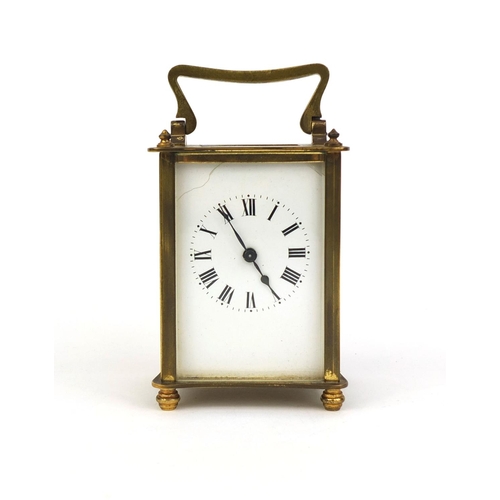 747 - French brass cased carriage clock with enamelled dial and velvet lined leather box, 11cm high