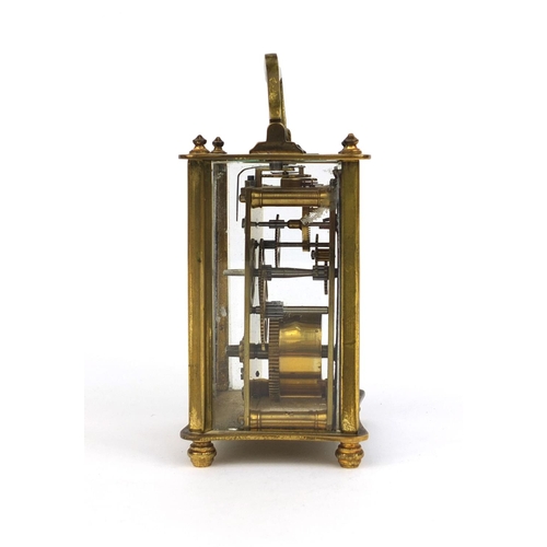 747 - French brass cased carriage clock with enamelled dial and velvet lined leather box, 11cm high